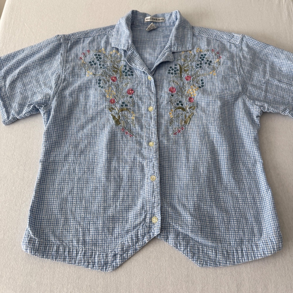 Maggie & Max Button Up Top Women XL Gingham Floral Embroidered Cottage Cotton
